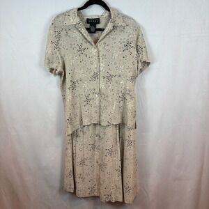 August Silk Vintage 100% Silk floral beige shirt & skirt set sz large 90's retro